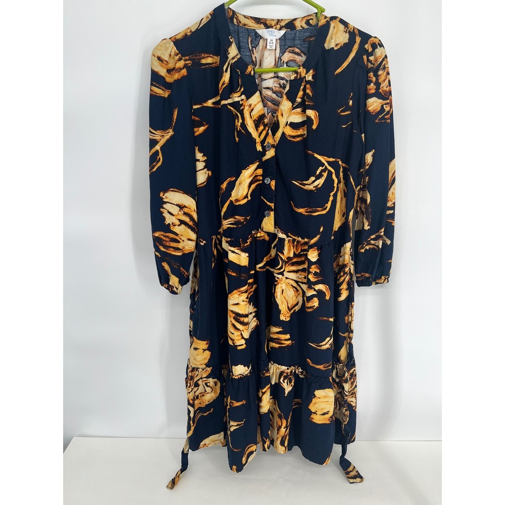 Time and Tru Womens XS‎ Navy Blue Mustard Yellow Floral Tiered Mini Dress